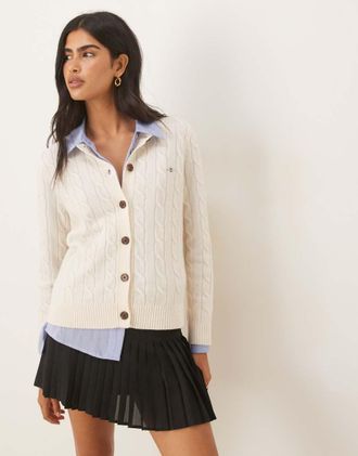 GANT Cardigan in lana dagnello a trecce color crema-Bianco