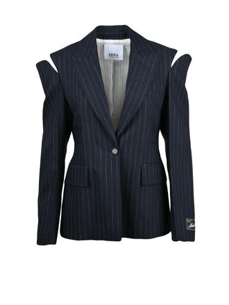 Erika Cavallini Semi Couture Blue Wool-Blend Fitted Pinstripe Jacket