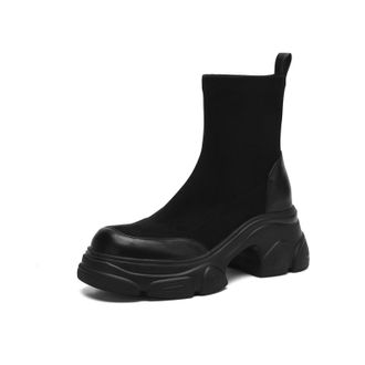 Generic Womens Sock Ankle Boots Chunky Platform Heels Suede Leather Mix Fashion Boots Comfortable for Daily Wear Street Style Dating,Black,6.5 UK