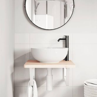 Berkfield Home Elegant Basin Shelf Wall Mounted Steel & Solid Wood Beech in Natural