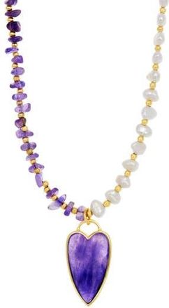 Savvy Cie Jewels Amethyst Heart Pendant Cultured Pearl & Amethyst Necklace in Purple at Nordstrom Rack