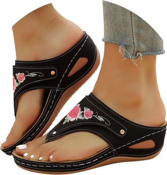Generic Orthopedic Wedge Slipper for Women 2026 Flower Leather Platform Wedges Summer Dressy Sandals Women Arch Support Comfortable Open Toe Wide Width Casual