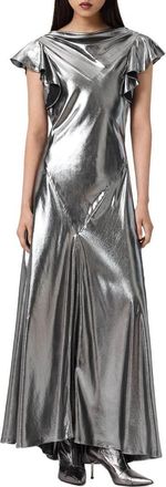 AllSaints Flora Metallic Cowl Neck Maxi Dress in Metallic Silver at Nordstrom, Size 4 Us