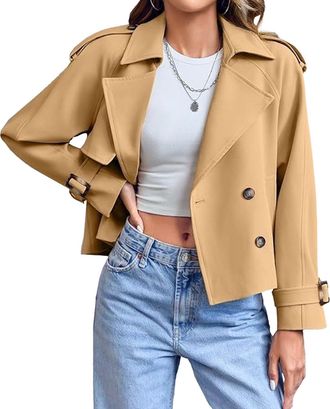 Generic Winter Coat Cropped Trench Coat for Women Womens Crop Double Breasted Trench Work Crop Jacket with Pockets