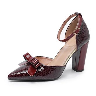Generic Womens Elegant Bowknot Closed Pointed Toe High Block Heel Pumps Dressy Party Casual Shoes with Buckle Ankle Strap (5.5,Wine Red)
