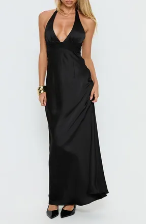 Princess Polly Odyssa Satin Halter Gown in Black at Nordstrom, Size 2