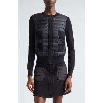 Moncler Mixed Media Quilt Front Wool Cardigan in Black at Nordstrom, Size X-Large