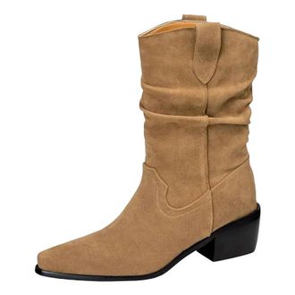 Generic Womens Mid Calf Western Boots Pointed Toe High Block Heel With Sewing Detail Slip On Retro Style Cowboy Booties