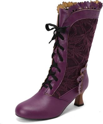 Generic Womens Lace Up Mid-Calf Boots Kitten Heel Vintage Victorian Boots Round Toe PU Leather Punk Boot,Purple,10.5 UK