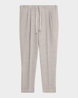 Brunello Cucinelli Mens Linen and Wool Pleated Drawstring Pants
