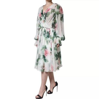 Dolce & Gabbana Womens White Silk Floral Print A-Line Midi Dress