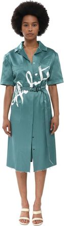 Off-white Green Shirt Collar Knee Length Dress