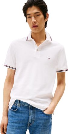 Tommy Hilfiger Mens Short Sleeve Casual Polo Shirts in Slim Fit with Stretch and Cuff Designs, White, Medium