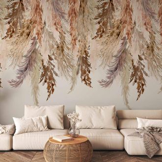 OEM Carta Da Parati - Paesaggio Boho Minimalista - Foglie Pendenti Nei Colori Beige