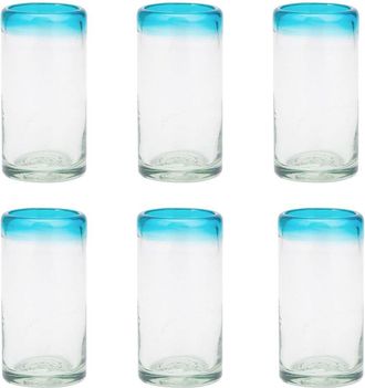 10 Strawberry Street Set Of 6 Aqua Rim Mexican Glassware Shot Glasses