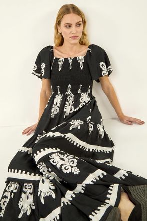 Roman Border Print Shirred Maxi Dress