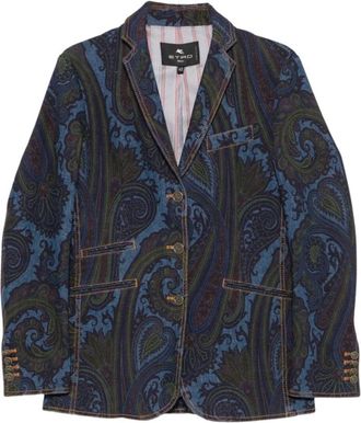 Etro Enkelrijige stretch katoenen spijkerjas met paisley-motief - Dames - Jassen - Blauw - Maat: XS Katoen