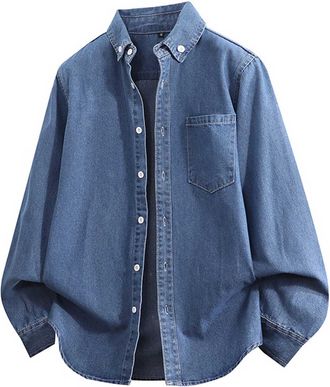 Generic Mens Denim Shirt Classic Fit Shirt Jacket Long Sleeve Button Up Shirts Vintage Plain Work Shirts Turndown Collar Overshirt Casual Shacket with Pocket 