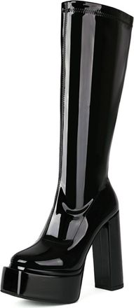 Generic Womens Knee-High Platform Boots Chunky Block Heels Patent Upper Side Zipper Round Toe Bold Silhouette Soft Lining Cushioned Insole Durable Outsole,Bla