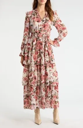 Melloday Floral Ruffle Tie Belt Long Sleeve Maxi Dress in Ivory Multi at Nordstrom Rack, Size X-Small