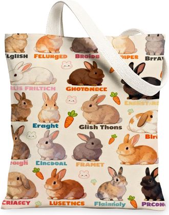 Generic Cute Rabbit Canvas Tote Bags, Vintage Animal Pattern Reusable Grocery Bags, Lightweight Washable Shoulder Strap Canvas for, Beige, 13x15 Inch