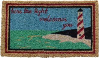 Imports Decor Beach Lighthouse Coir Doormat with Here the Light Welcomes You Quote, Coconut Fiber Door Mat for Indoor Outdoor Use