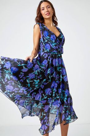 Roman Sleeveless Floral Chiffon Asymmetric Midi Dress