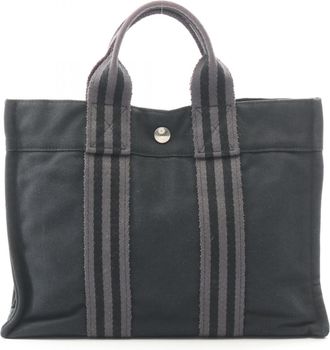 Herm&egrave;s Black Gray Canvas Handbag Tote Bag (Pre-Owned)