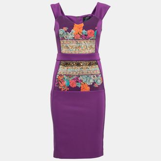 Roberto Cavalli Purple Jersey Floral Applique Beaded Bodycon Dress
