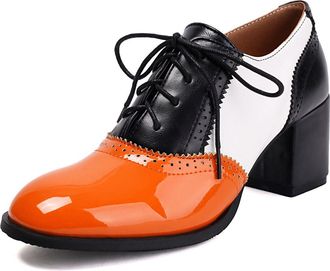 Generic Womens High Heeled Wingtips Oxford Shoes Lace-Up Vintage Brogues Chunky Block Heel Work Shoes,Orange,4.5 UK