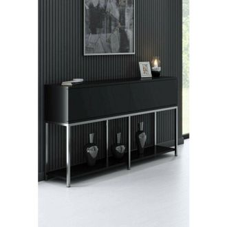 Dmora Aparador Altair, Buf&eacute; De Sal&oacute;n, Aparador De Sal&oacute;n, Despensa De Cocina, 150x30h80 Cm, Negro Y Plata, Con Embalaje Reforzado - Dmora