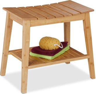 Relaxdays Banco Ba&ntilde;o Con Balda, Taburete Bamb&uacute;, 45 X 51,5 X 34 Cm, Banqueta Con Repisa, Pasillo, Cocina O Wc, Natural - Relaxdays