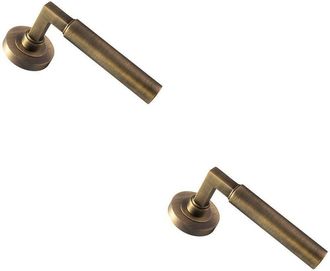 Loops 2x PAIR Straight Round Bar Handle on Round Rose Concealed Fix Antique Brass