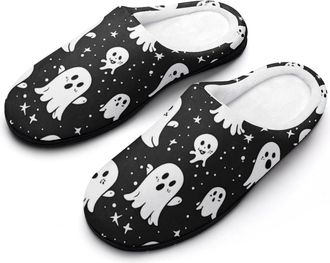 Generic Cute Ghost Stars Pattern Mens House Slippers Memory Foam Washable Cotton Slip on Home Shoes
