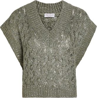 Brunello Cucinelli Sequin-embellished Knitted Silk-blend Vest - Grey - S (UK8-10 / S)