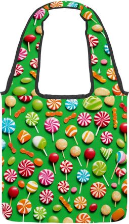 Generic Green Candy Pattern Reversible Canvas Shoulder Tote - Double-Sided Print, 12oz Cotton, 27cm Drop, Fold-Flat Bag for Travel, Shopping, Street Outings