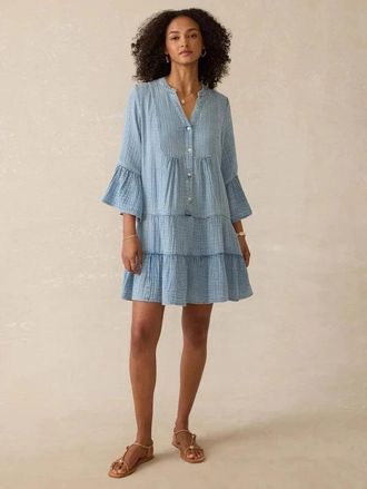 Faherty Gauze Kasey Tiered Dress Womens Light Indigo Cotton Pullover GBO1511