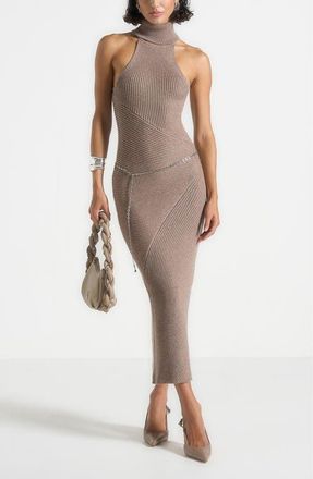 Mani&egrave;re De Voir Belina Halter Neck Knitted Maxi Dress With Chain in Taupe at Nordstrom, Size Medium