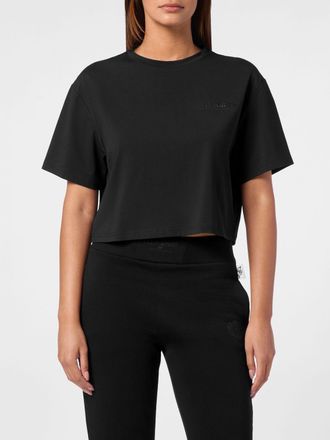 Plein Sport T-shirt girocollo in jersey di cotone con spalle scese