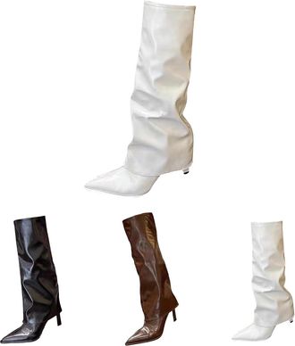 Generic Womens Fold Over Mid-Calf Boots Pointed Toe Stiletto Heel Knee High Boots Slouchy Comfortable Slip On Tall Boot Ladies Non-Slip Rubber Pull-On Rouched
