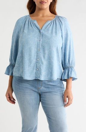 Liverpool L.A. Shirred Chambray Button-up Top in Rose Ice at Nordstrom, Size 3 X
