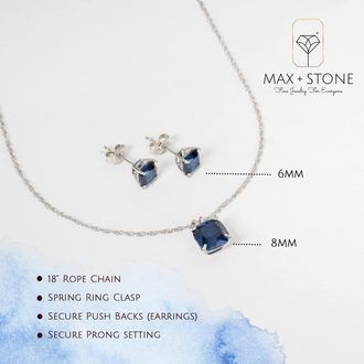 MAX + STONE 925 Sterling Silver Cushion Cut Gemstone Stud Earrings and Pendant Necklace