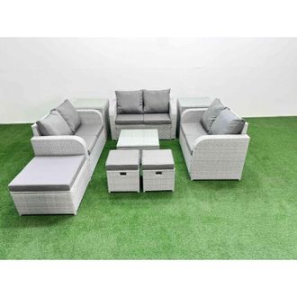 Fimous 9 Seater pe Wicker Rattan Furniture Sofa Sets with Square Coffee Table 2 Seater Love Sofa 3 Stool 2 Side Table Light Grey - Fimous