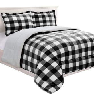 Elegant Comfort 3-Piece Buffalo Micro-Suede Reversible Sherpa - Lodge-Plaid Pattern Comforter Set