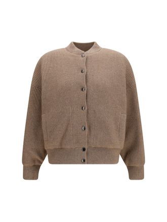Brunello Cucinelli Womens Bomber Jacket Ribbed Cashmere Brown Knitwear Sweater