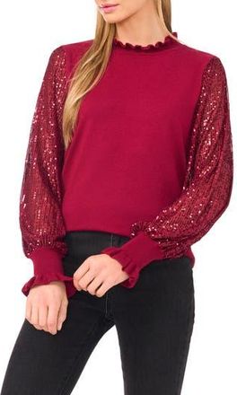 CeCe by Cynthia Steffe Sequin Sleeve Mock Neck Sweater in Deep Merlot at Nordstrom Rack, Size Xx-Large