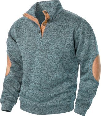 Generic Mens Long Sleeve Henley Standing Collar Sweatshirt Mens Casual Button Sweatshirt Mock Neck Thermal Patched Soft Jumpers Quarter Collar Button up Pullo