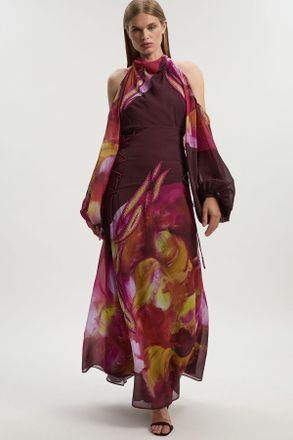 Karen Millen Womens Lily Macrae Cold Shoulder Embellished Woven Maxi Dress - Pink - Size 14 UK