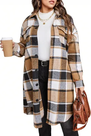 Generic Womens Plus Size Shacket Jacket Lapel Jacket Coat Casual Button Down Long Plaid Jacket Shirt Pocket Fall Winter