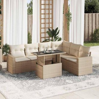 vidaXL Set Sof&aacute;s De Jard&iacute;n 7 Piezas Y Cojines Rat&aacute;n Sint&eacute;tico Beige Vidaxl